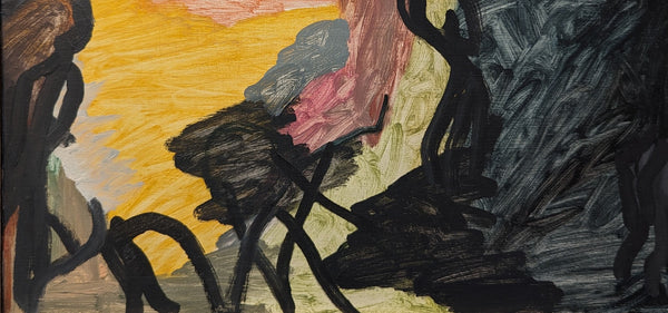 An abstract painting featuring bold black brushstrokes over a background of yellow, pink, and gray tones.