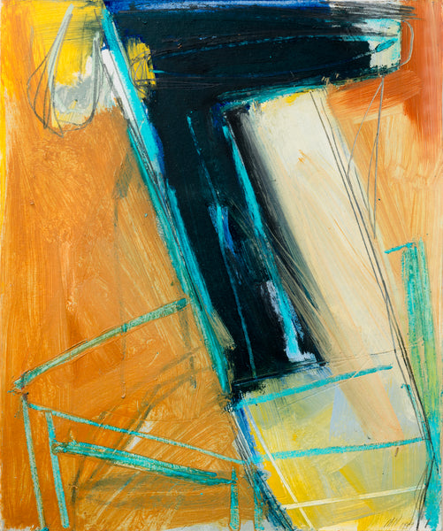 An abstract expressionist painting featuring bold brushstrokes of orange, black, teal, cream, and yellow, with gestural lines and layered textures.