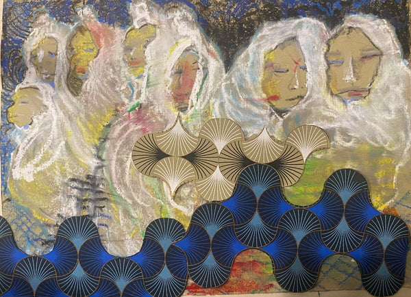 Artistic depiction of babies with white veils and blue circular patterns