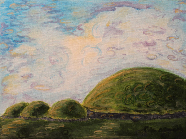 Knowth Passage Tombs, acrylic painting by Philadelphia artist Colleen O’Donnell, available at Cerulean Arts.