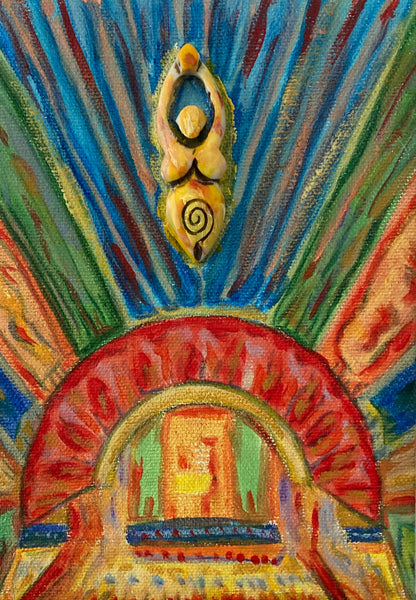 A colorful abstract painting featuring a central yellow figure with raised arms beneath radiating blue, green, red, and orange lines, with a red arched form and a small yellow doorway-like shape at the bottom.