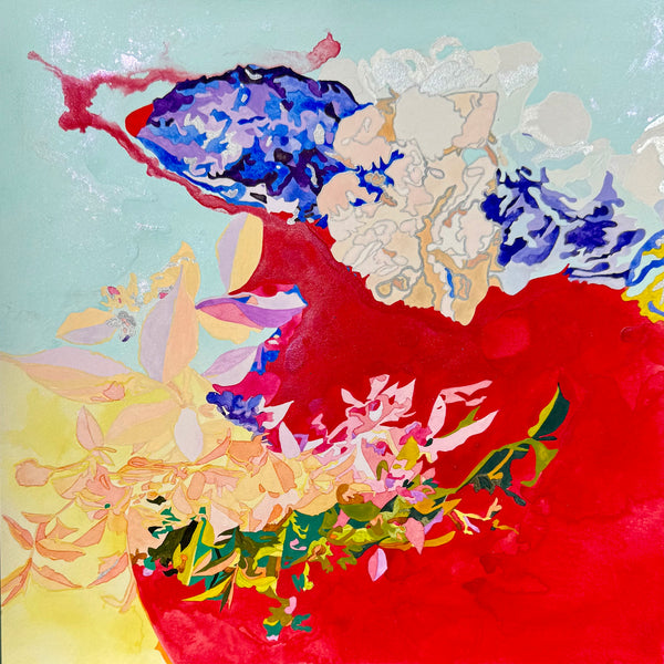 Abstract floral painting with bold brushstrokes in red, blue, pink, yellow, green, and cream on a square canvas.