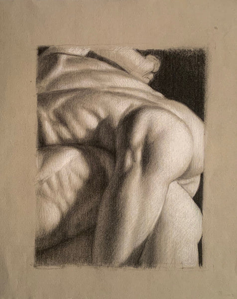 Wrestlers (Detail), charcoal and chalk on toned paper drawing by New Jersey artist Roberto Osti