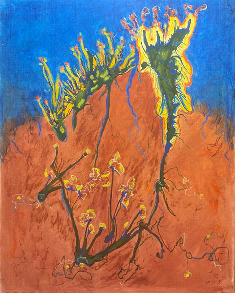 Abstract artwork with vibrant colors on a blue and brown background