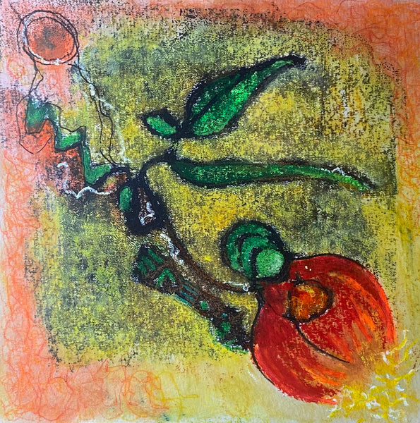 Abstract artwork with green leaves and red flowers on a textured background