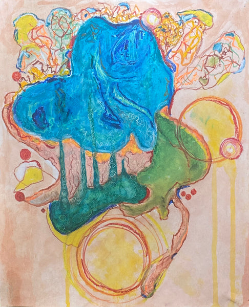 Abstract artwork with a blue and green figure surrounded by colorful shapes on a beige background