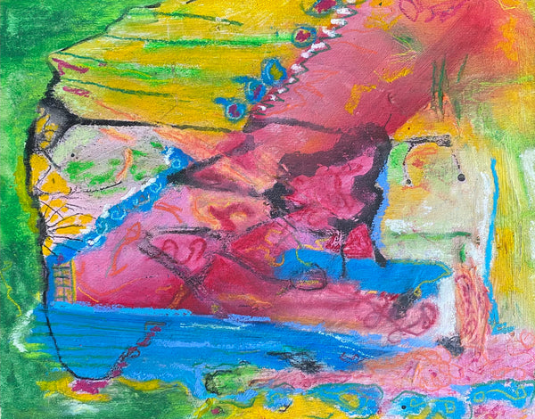 Abstract painting with vibrant colors on a green background