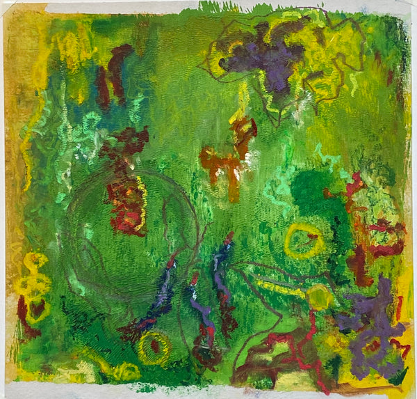 Abstract painting with a central green vase-like shape on a textured background