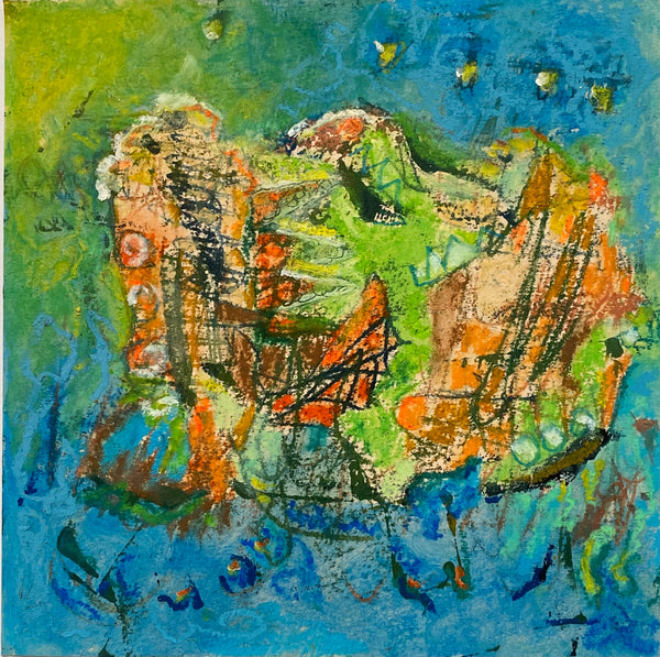 Abstract artwork with a mix of colors and shapes on a textured surface