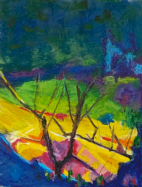 Colorful abstract landscape painting with trees and fields.