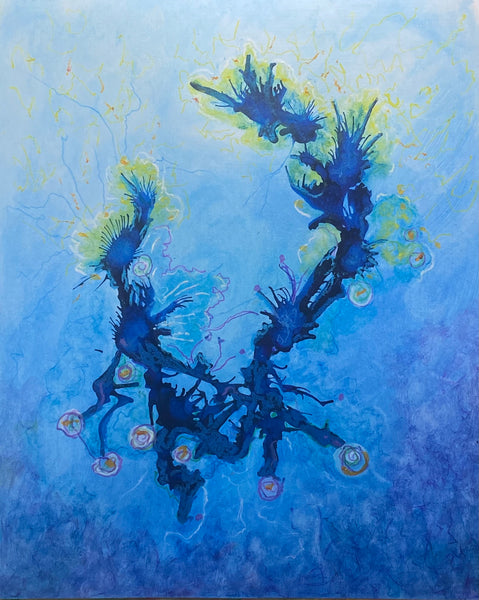 Abstract artwork with blue and green elements on a textured blue background