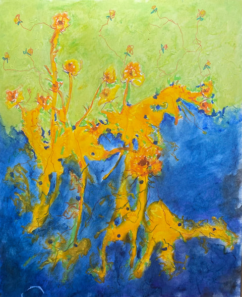 Abstract artwork with yellow and blue colors on a textured surface