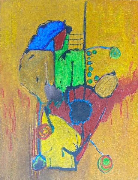 Abstract artwork with colorful shapes on a yellow background