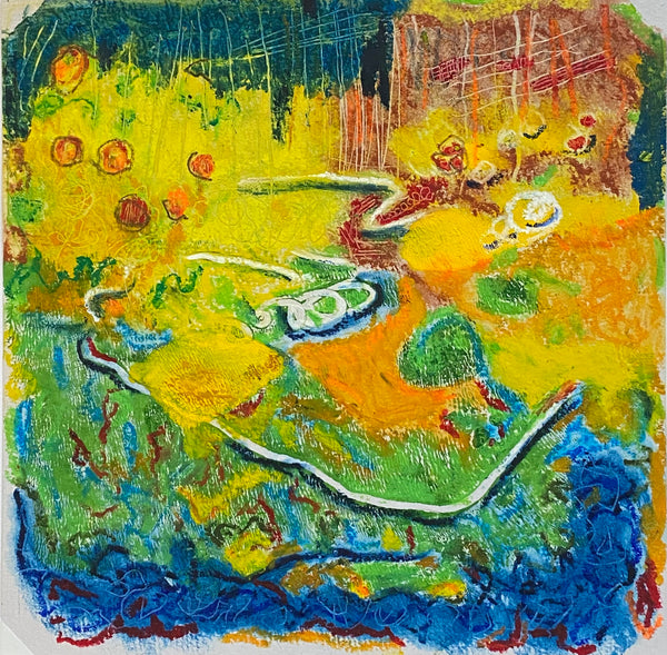 Colorful abstract painting with various shapes and colors