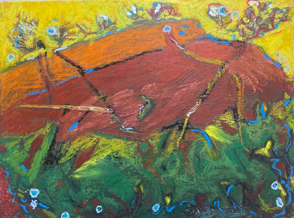 Abstract painting with a prominent red shape on a yellow and green background