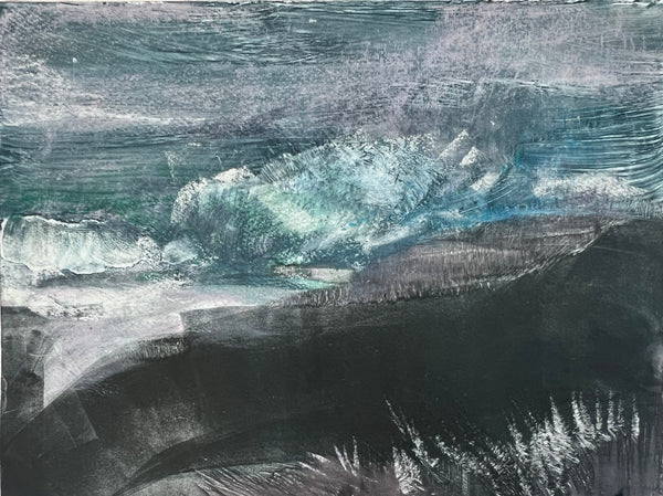 Abstract art with wavy patterns in black, white, and gray.