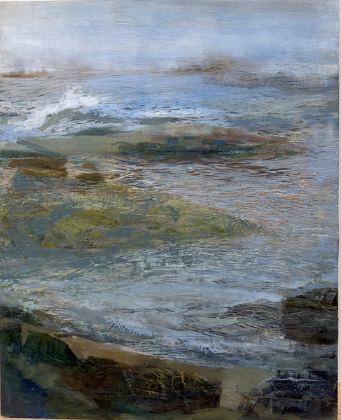 Abstract painting of a coastal scene with waves and rocks.