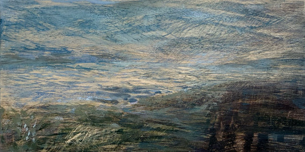 Abstract landscape painting with blue and brown tones