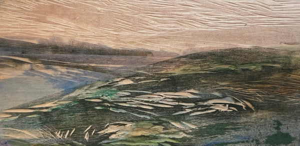 Textured landscape painting with earthy tones