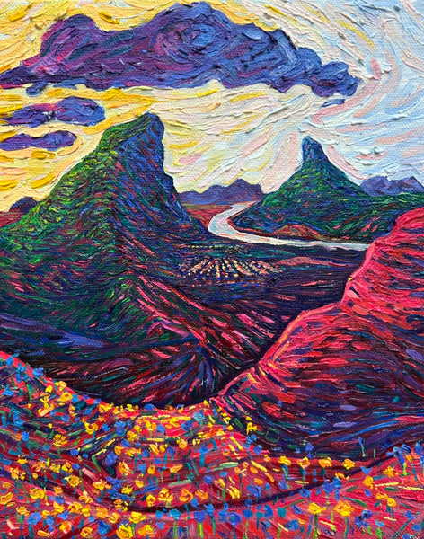 Colorful landscape painting with mountains and a river