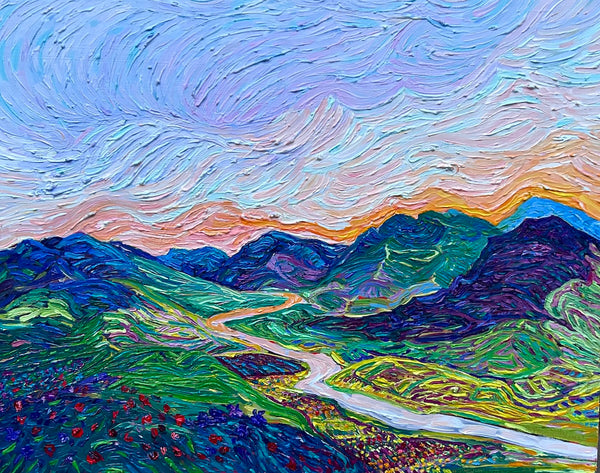 Colorful landscape painting with winding road and mountains