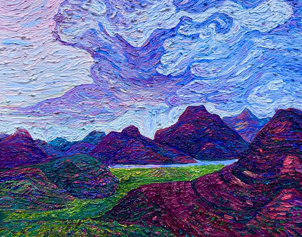 Colorful landscape painting with mountains and a sky.