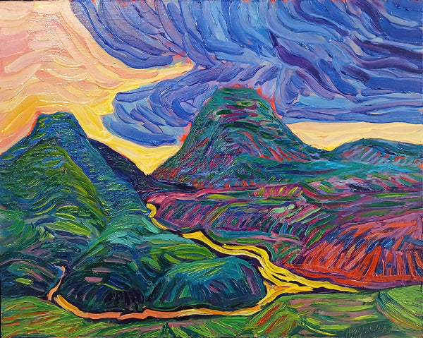 Colorful mountain landscape painting with vibrant colors