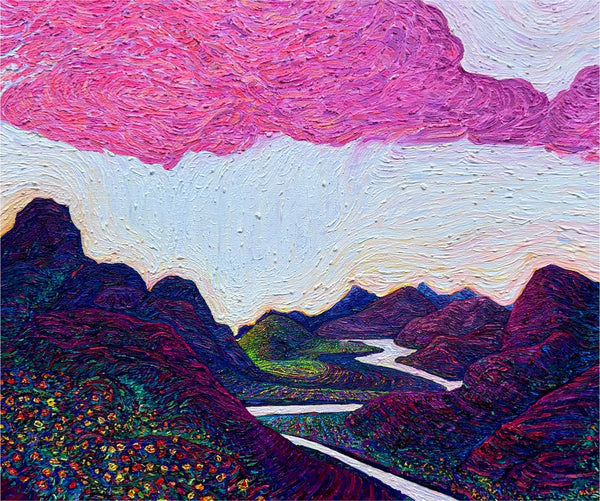 Colorful landscape painting with pink sky and mountainous terrain