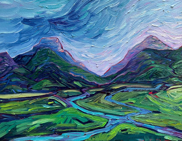Colorful abstract landscape painting with green mountains and blue sky.