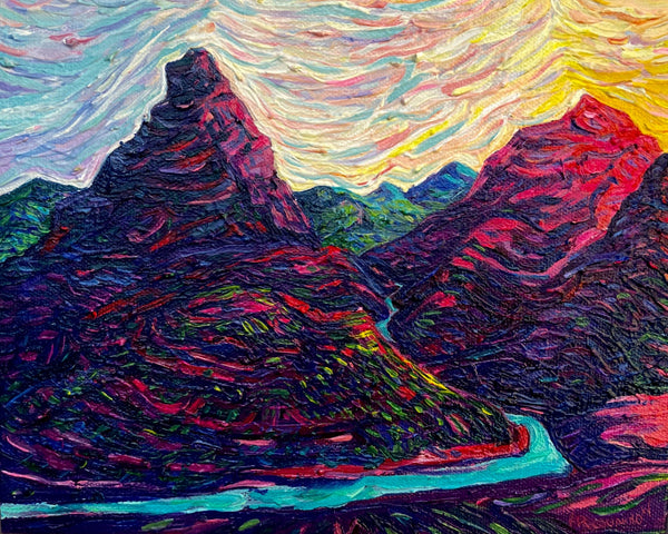 Colorful mountain landscape painting with vibrant hues