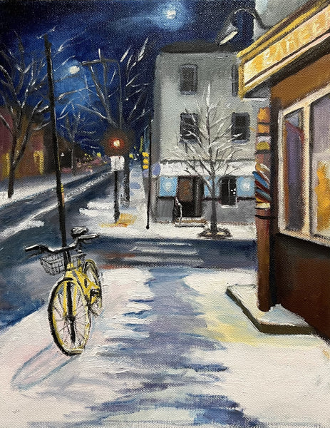 Painting of a snowy street scene with a bicycle, buildings, and a storefront.