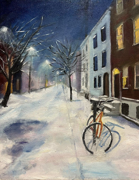 Painting of a snowy street with a bicycle leaning against a building at night.