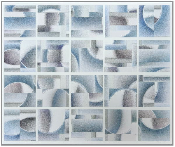 Abstract geometric design with interlocking shapes in blue and gray tones.