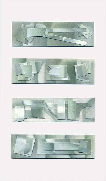 Abstract geometric design in blues and greens on a white background