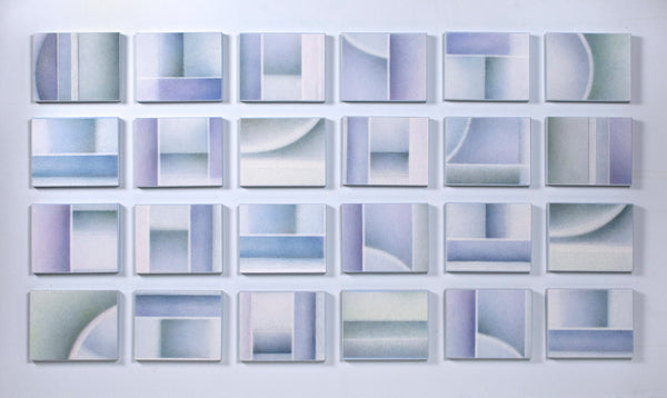 Grid of abstract geometric prints in shades of blue and gray on a light gray background
