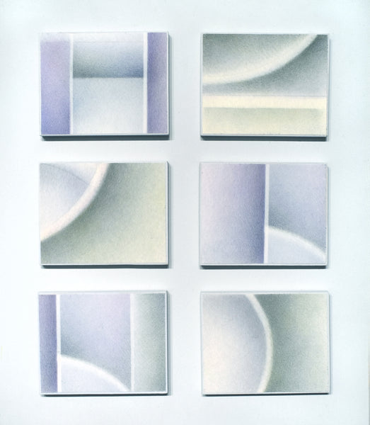 Set of six square tiles with abstract designs on a light blue background