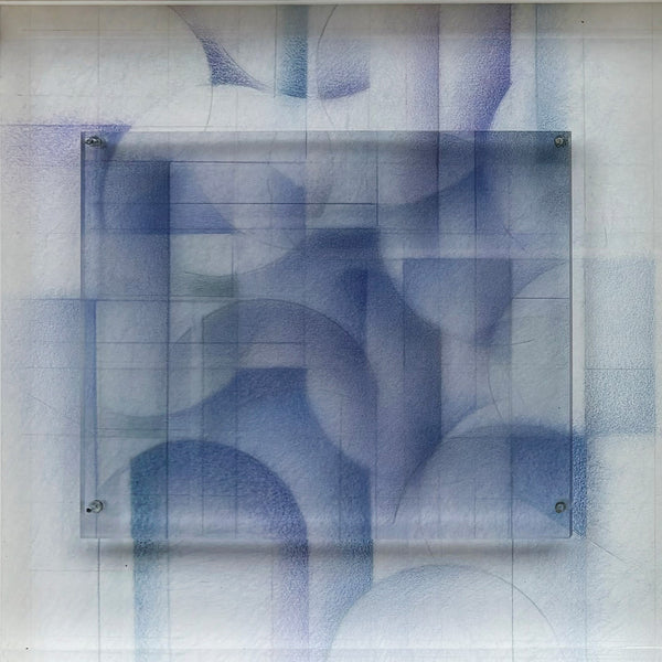 Abstract artwork with blue and gray patterns on a textured surface