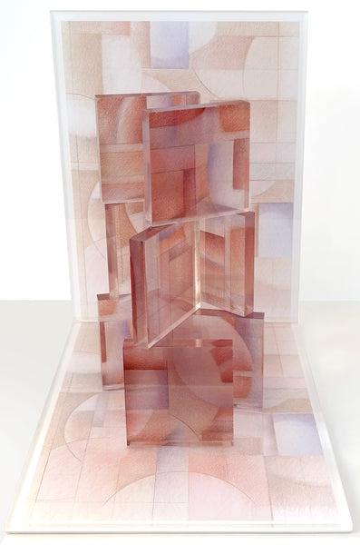 Abstract art piece with geometric shapes in soft colors on a white background