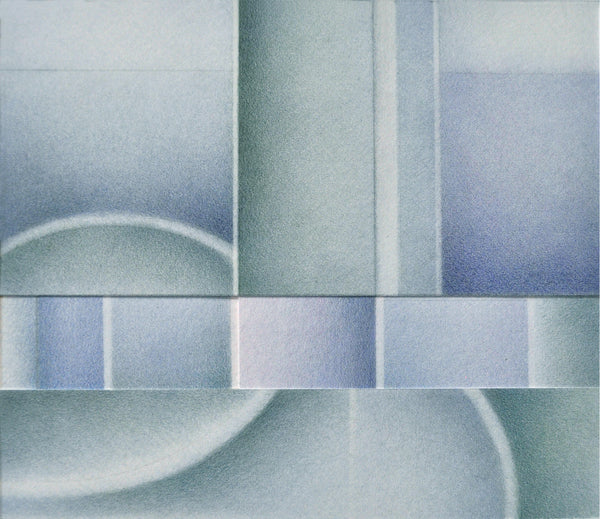 Abstract art piece with geometric shapes in blue and gray tones