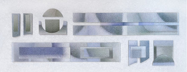 Abstract geometric design with various shapes and colors on a white background