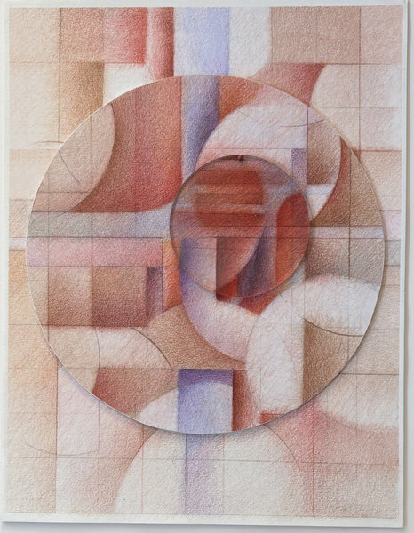 Abstract artwork with circular and geometric shapes in earthy tones.