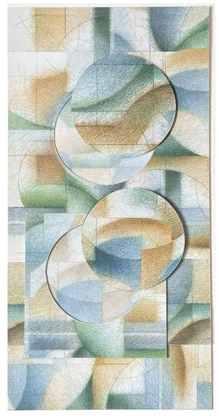 Geometric patterned cut paper collage with circular shapes in earthy tones