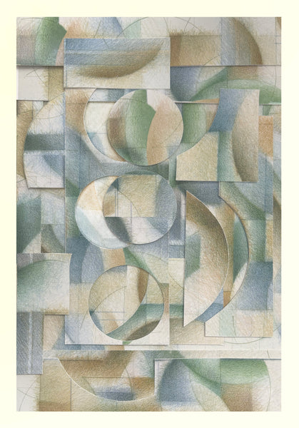 Abstract geometric pattern with circular and rectangular shapes in earthy tones on a white background