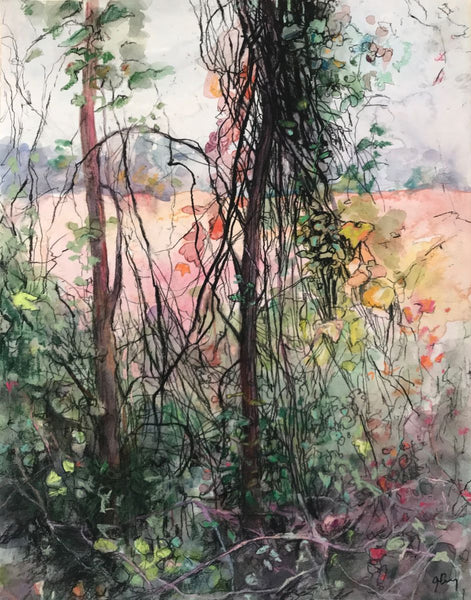 Artistic depiction of a forest with trees and foliage in a watercolor style.