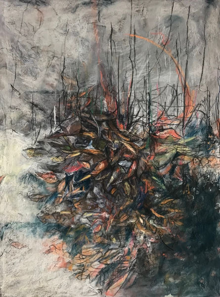 Abstract painting of brambles with dark and light strokes on a textured surface