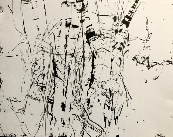 Abstract black and white drawing of trees with dynamic lines.
