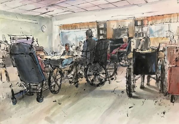 Artistic depiction of a waiting room with patients and medical equipment.