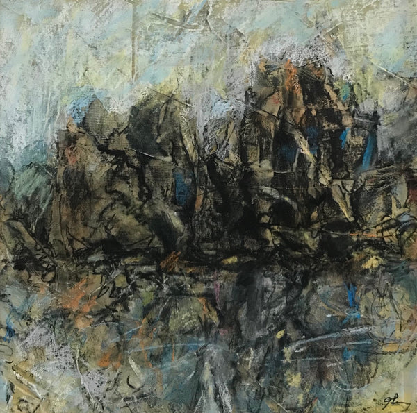 High Rocks on the Delaware, acrylic, pastel and charcoal on paper mixed media drawing Cerulean Arts Collective Member Ginny Perry