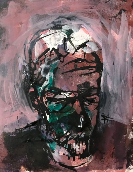 Abstract painting of a face with bold lines and contrasting colors