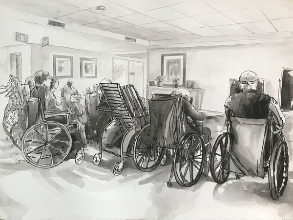 Ink drawing of a room with people in wheelchairs watching TV.